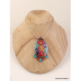 Pendentif tibétain Om & Chenrezi – Métal et pierres du Népal