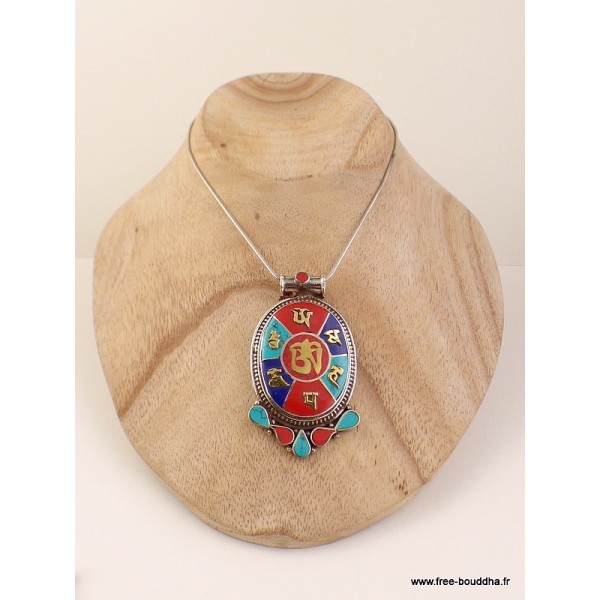 Pendentif tibétain Om et mantra de Chenrezi Bijoux tibetains bouddhistes FC2