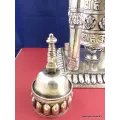 Rare Moulin à prières 4 piliers plaqué argent 30 CM - Moulins à Prières tibétains