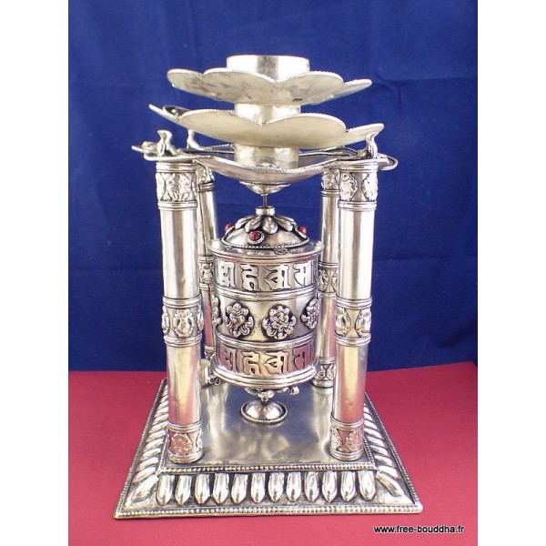 Rare Moulin à prières 4 piliers plaqué argent 30 CM Moulins à Prières tibétains MAPT3