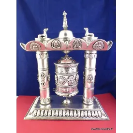 Rare Moulin à prières 2 piliers plaqué argent 27 CM - Moulins à Prières tibétains