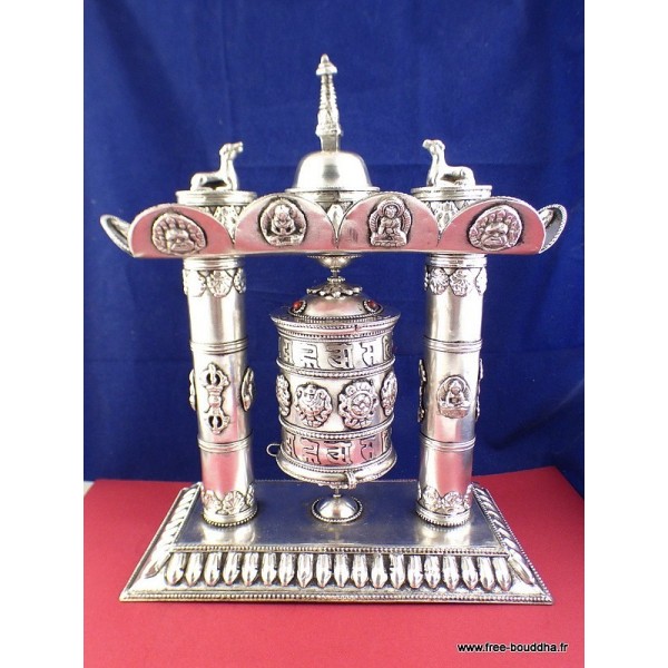 Rare Moulin à prières 2 piliers plaqué argent 27 CM Moulins à Prières tibétains MAPT4