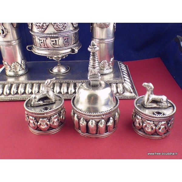 Rare Moulin à prières 2 piliers plaqué argent 27 CM Moulins à Prières tibétains MAPT4