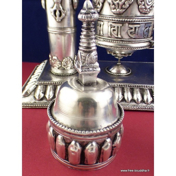 Rare Moulin à prières 2 piliers plaqué argent 27 CM Moulins à Prières tibétains MAPT4