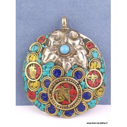 Grand pendentif tibétain bouddhiste os et métal Bijoux tibetains bouddhistes ref 30
