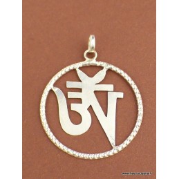 Pendentif Om tibétain encerclé métal blanc Bijoux tibetains bouddhistes ref 2339