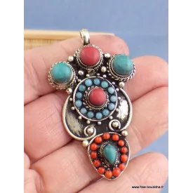 Pendentif tibétain style antique - Corail Turquoise - Pendentifs tibétains bouddhistes