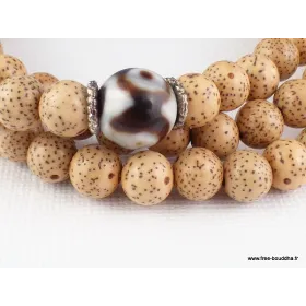 Mala tibétain 108 perles en Graines de Lotus et perle Dzi - Mala tibétain 108 perles