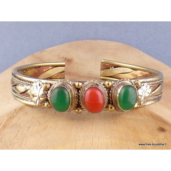 Bracelet tibétain tressé cuivre laiton Corail Onyx vert Bijoux tibetains bouddhistes AST5.5