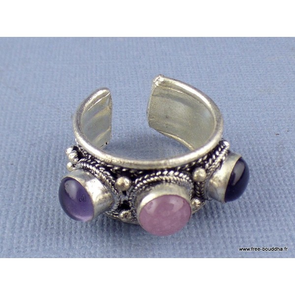 Bague tibétaine 3 pierres Cornaline Améthyste T 56 à 60 Bagues tibétaines bouddhistes ref201