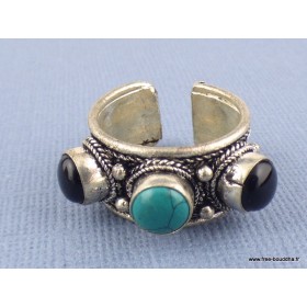 Bague tibétaine 3 pierres Turquoise Onyx T 56 à 60 Bagues tibétaines bouddhistes ref201.4