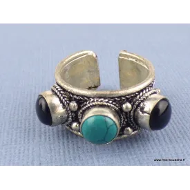 Bague tibétaine 3 pierres Turquoise Onyx T 56 à 60 - Bagues tibétaines bouddhistes