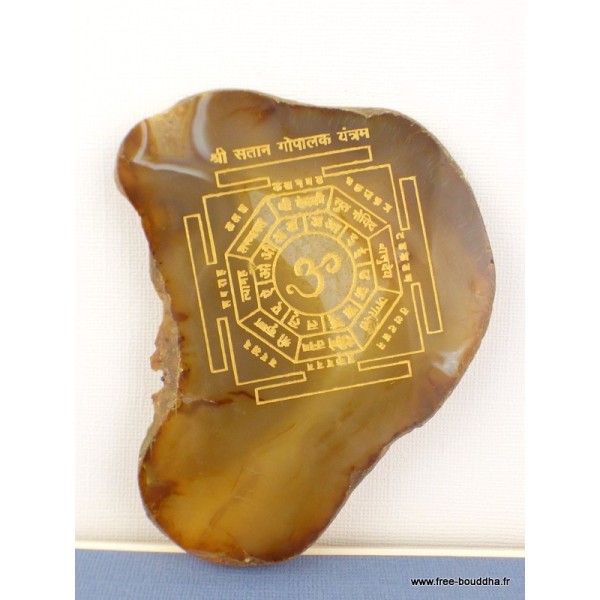 Agate naturelle marron gravée d'un Mandala bouddhiste Décoration tibétaine MAND1