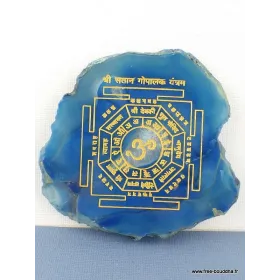 Décoration bouddhiste Mandala sur Agate naturelle bleue - Décoration tibétaine