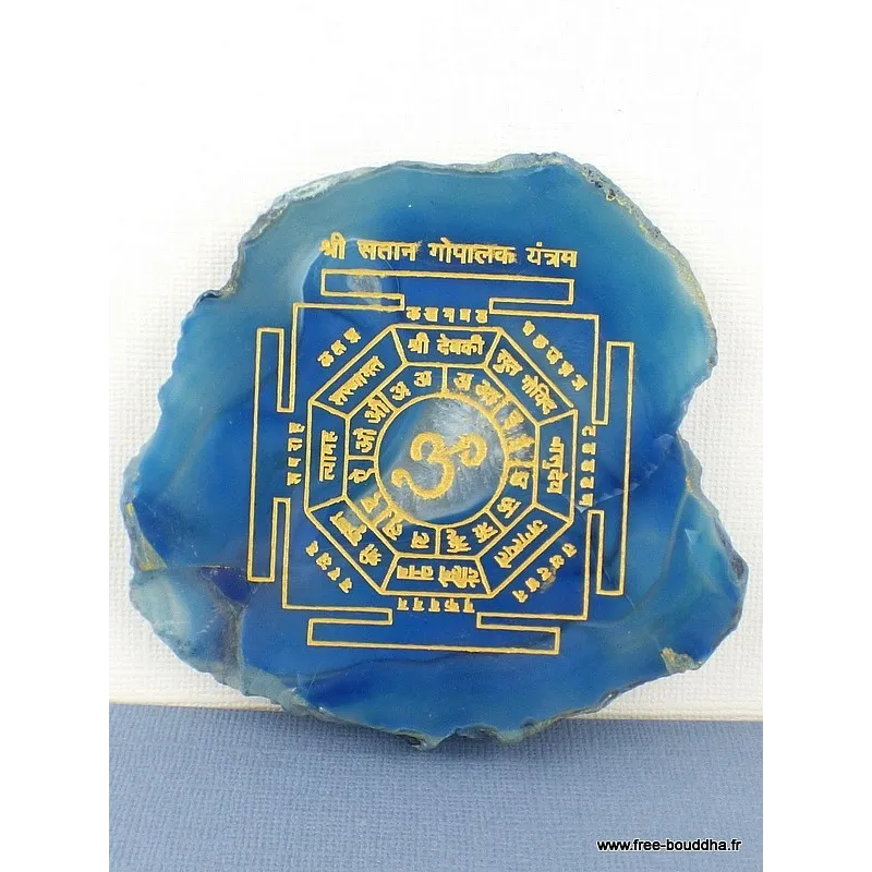 Décoration bouddhiste Mandala sur Agate naturelle bleue - Décoration tibétaine