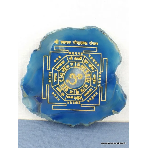Décoration bouddhiste Mandala sur Agate naturelle bleue - Décoration tibétaine