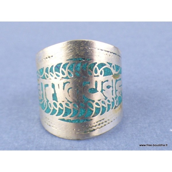 Bague tibétaine Mantra sur fond turquoise Bagues tibétaines bouddhistes REF210