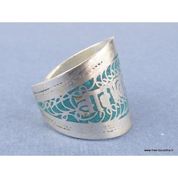 Bague tibétaine Mantra sur fond turquoise Bagues tibétaines bouddhistes REF210