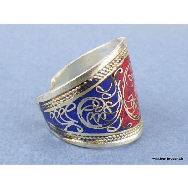 Bague tibétaine filigrane rouge bleu Bagues tibétaines bouddhistes REF210.3