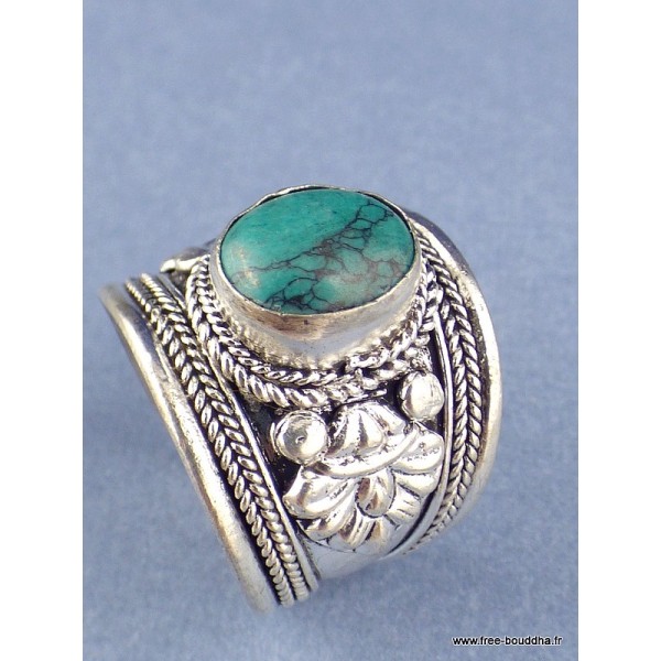 Bague tibétaine Dorjé métal blanc et Turquoise Bagues tibétaines bouddhistes 4666.15