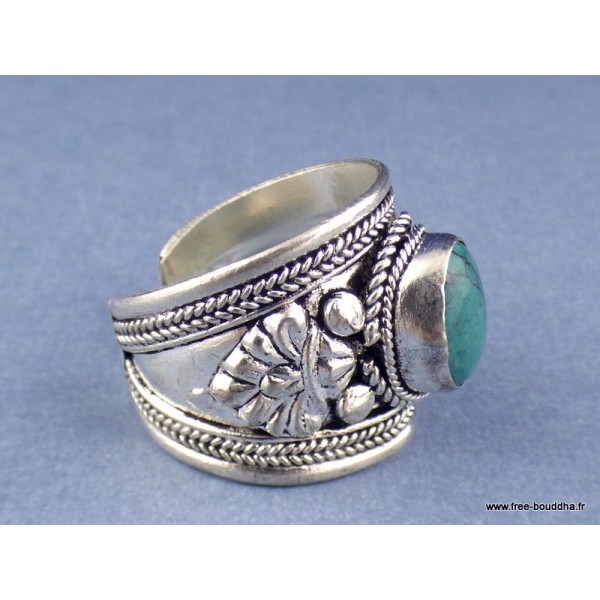 Bague tibétaine Dorjé métal blanc et Turquoise Bagues tibétaines bouddhistes 4666.15