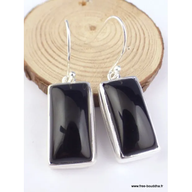Boucles d'oreilles Onyx noir cabochon rectangulaires - Boucles d'oreilles en pierres naturelles