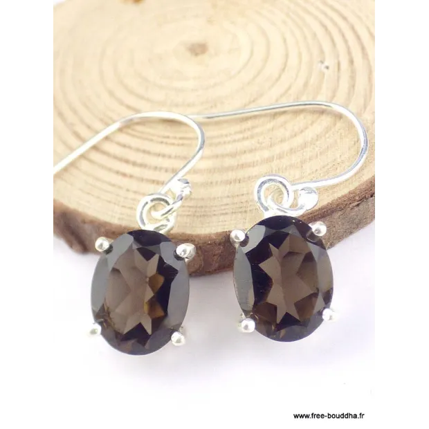 Boucles d'oreilles ovales Quartz fumé facetté - Boucles d'oreilles en pierres naturelles