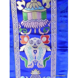 Tenture bouddhiste 8 signes de bon augure bleue coton tissé brodé