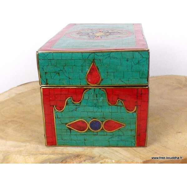 Boîte à bijoux en bois sertie de pierres Décoration tibétaine BAT6.5