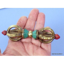 Dorjé tibétain 8 branches laiton et pierres 10,5 cm Objets rituels bouddhistes DPA2