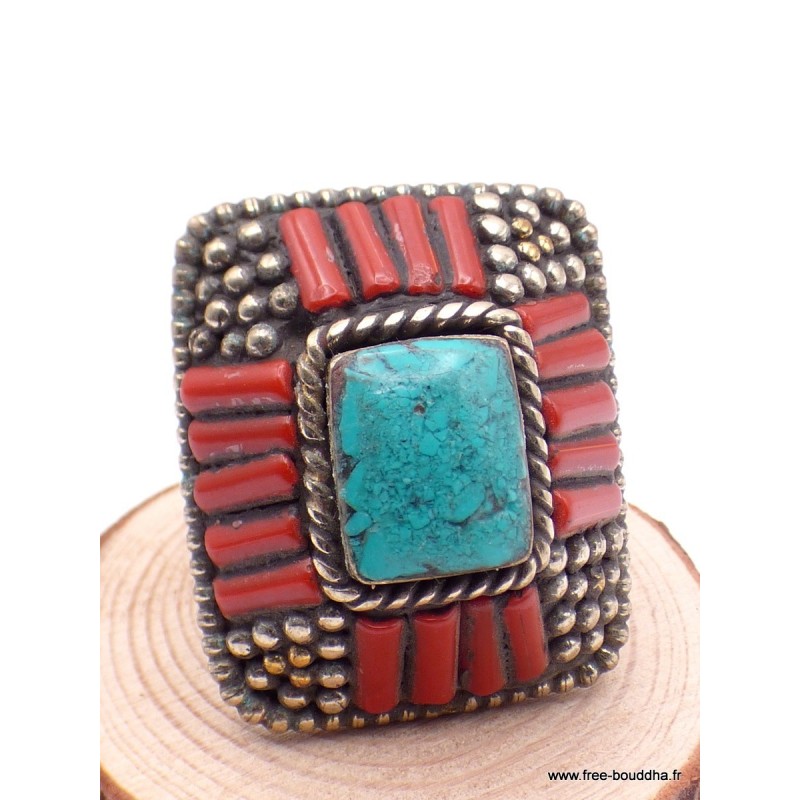 Grosse bague Tibétaine traditionnelle Turquoise corail T 58 et 59 Bagues tibétaines bouddhistes GBT2