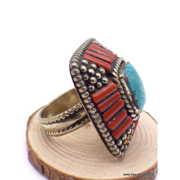 Grosse bague Tibétaine traditionnelle Turquoise corail T 58 et 59 Bagues tibétaines bouddhistes GBT2