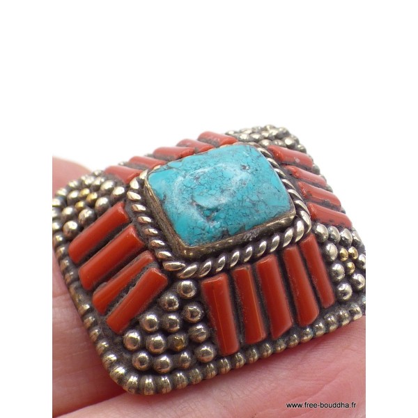 Grosse bague Tibétaine traditionnelle Turquoise corail T 58 et 59 Bagues tibétaines bouddhistes GBT2
