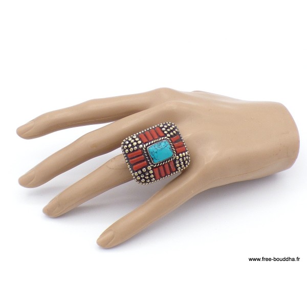 Grosse bague Tibétaine traditionnelle Turquoise corail T 58 et 59 Bagues tibétaines bouddhistes GBT2