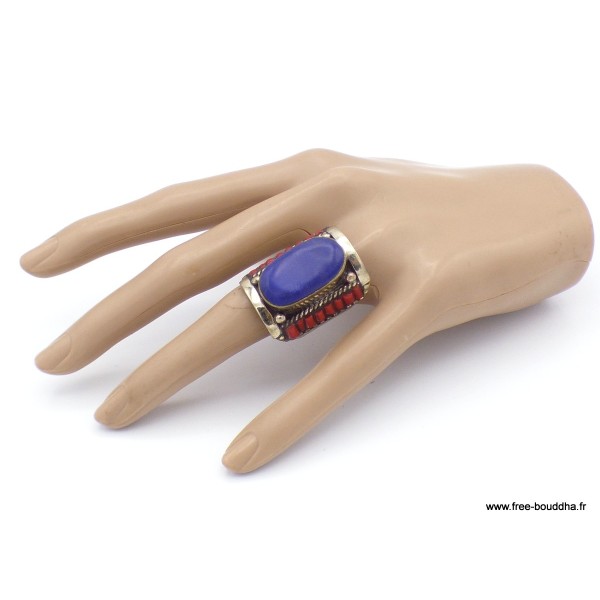 Grosse bague Tibétaine traditionnelle Imitation Lapis Lazuli Bagues tibétaines bouddhistes GBT4