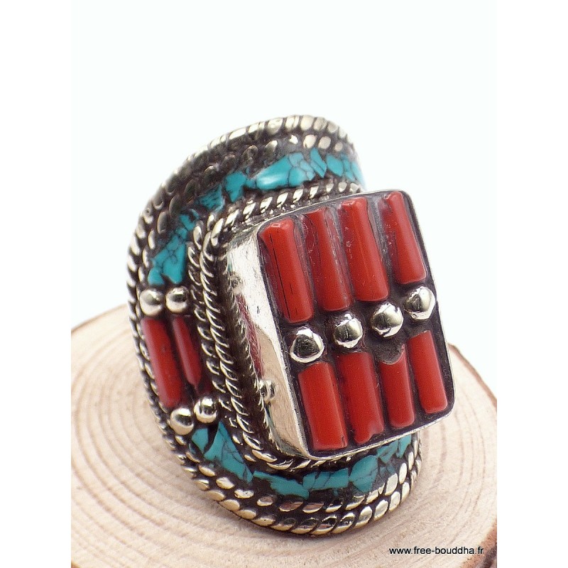 Grosse bague Tibétaine Turquoise Corail bâtonnets Bagues tibétaines bouddhistes GBT6