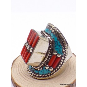 Grosse bague Tibétaine Turquoise Corail bâtonnets Bagues tibétaines bouddhistes GBT6