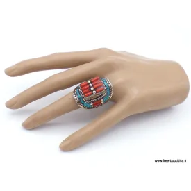 Bague Tibétaine Turquoise Corail bâtonnets T 58 - Bagues tibétaines bouddhistes