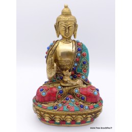 Rare statue du Bouddha en laiton et pierres naturelles Objets rituels bouddhistes STABUD20