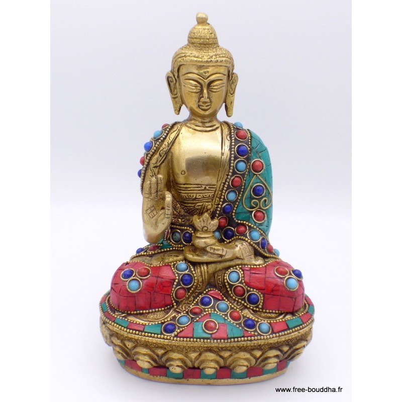 Rare statue du Bouddha en laiton et pierres naturelles Objets rituels bouddhistes STABUD20