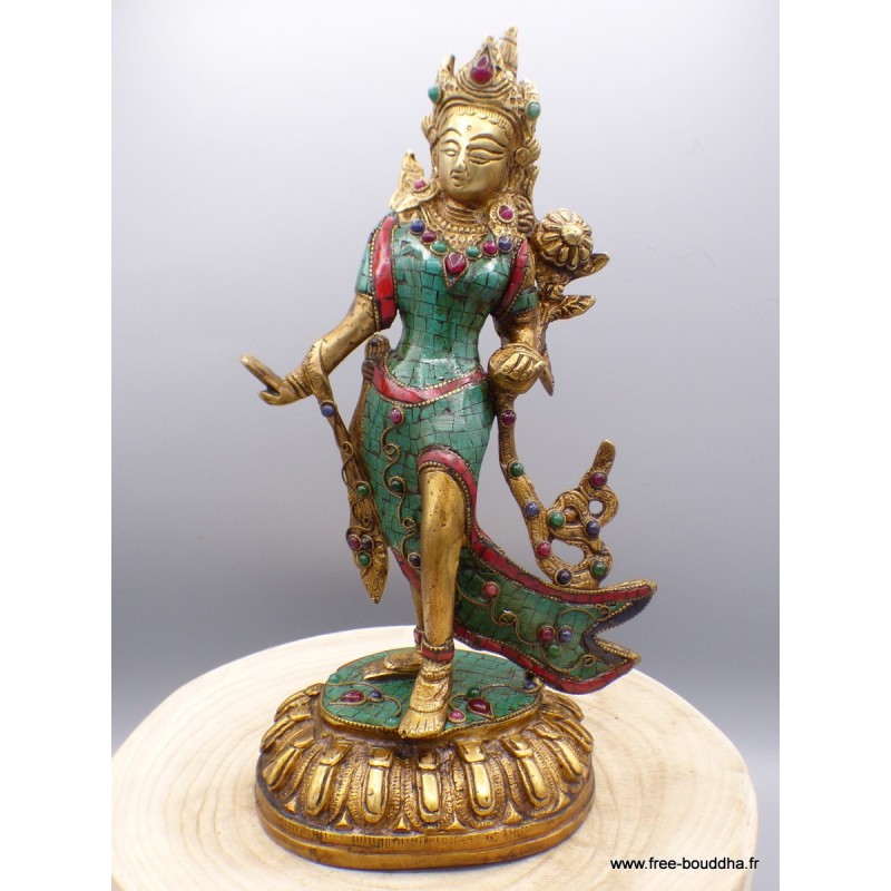 Rare statue Tara en laiton et turquoise 30 cm Statuettes Bouddhistes STATARA20