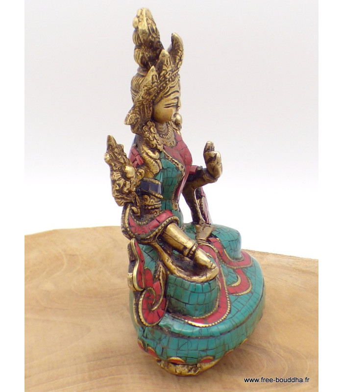Statue Tara Blanche en laiton et pierres naturelles 15 cm Statuettes Bouddhistes 6048