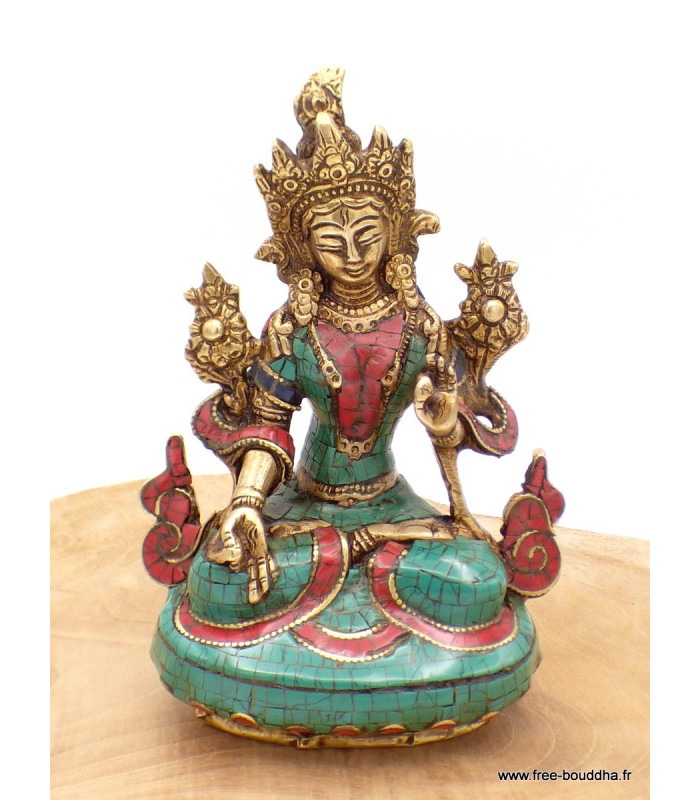 Statue Tara Blanche en laiton et pierres naturelles 15 cm Statuettes Bouddhistes 6048