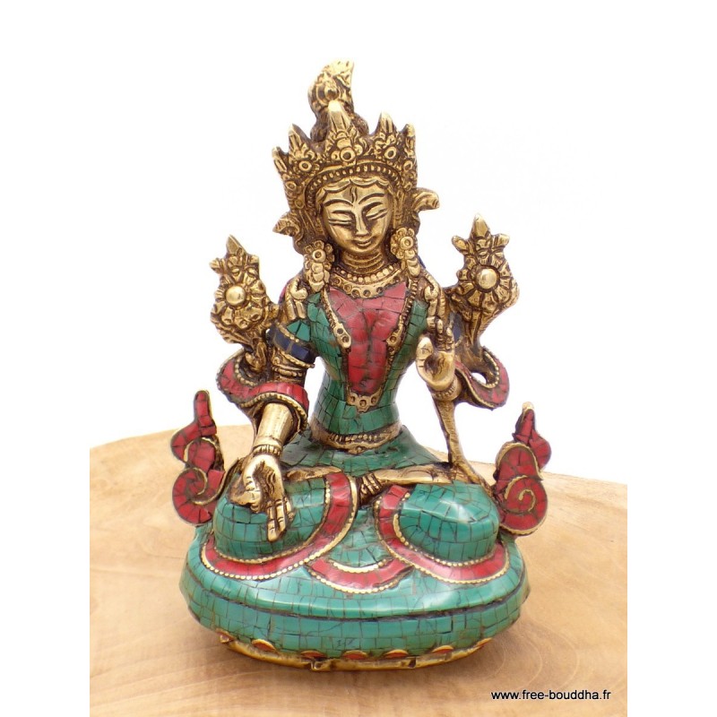 Statue Tara Blanche en laiton et pierres naturelles 15 cm Objets rituels bouddhistes 6048