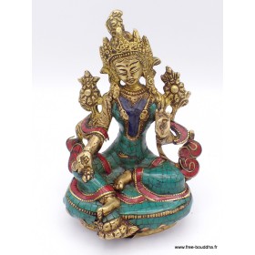 Statue Tara Verte en laiton et pierres naturelles 14 cm Objets rituels bouddhistes 6048.1