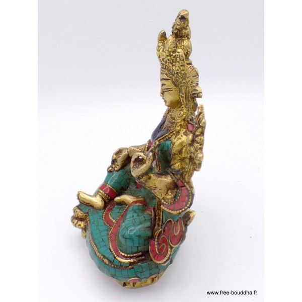 Statue Tara Verte en laiton et pierres naturelles 14 cm Statuettes Bouddhistes 6048.1