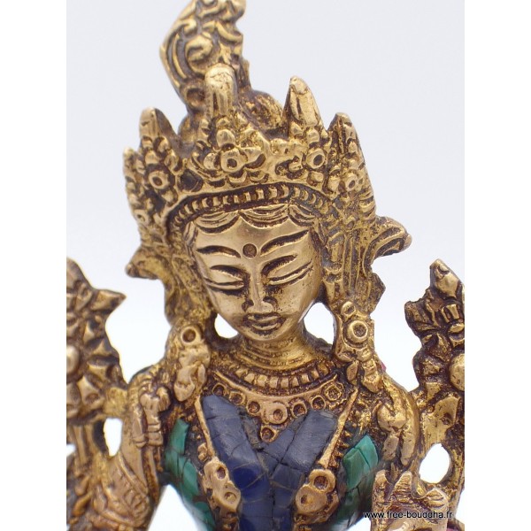 Statue Tara Verte en laiton et pierres naturelles 14 cm Statuettes Bouddhistes 6048.1