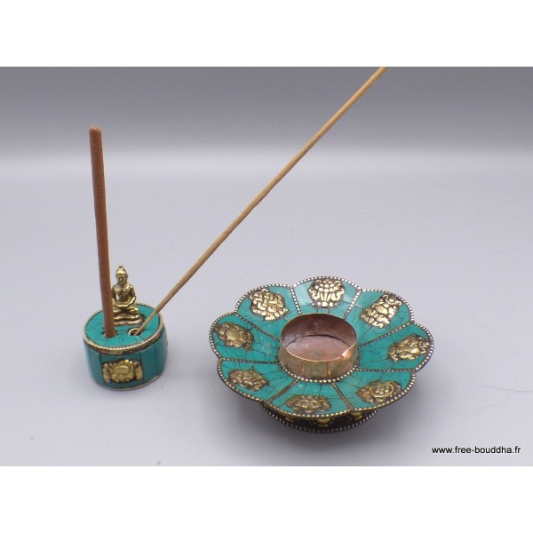 Porte encens tibétain cuivre et turquoise Bouddha Brûleurs et porte-encens PETU2