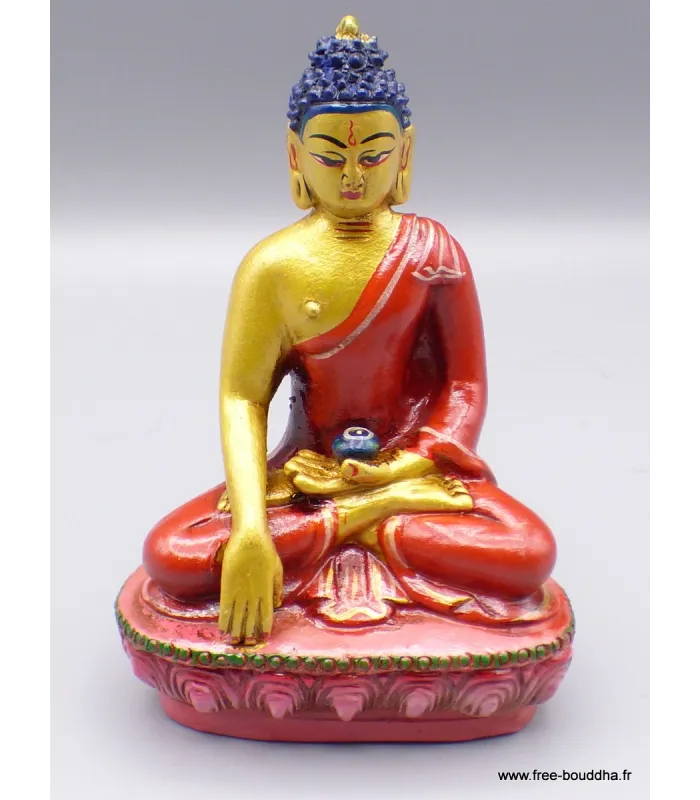 Statue Bouddha Sakyamouni résine rouge et or - Objets rituels bouddhistes