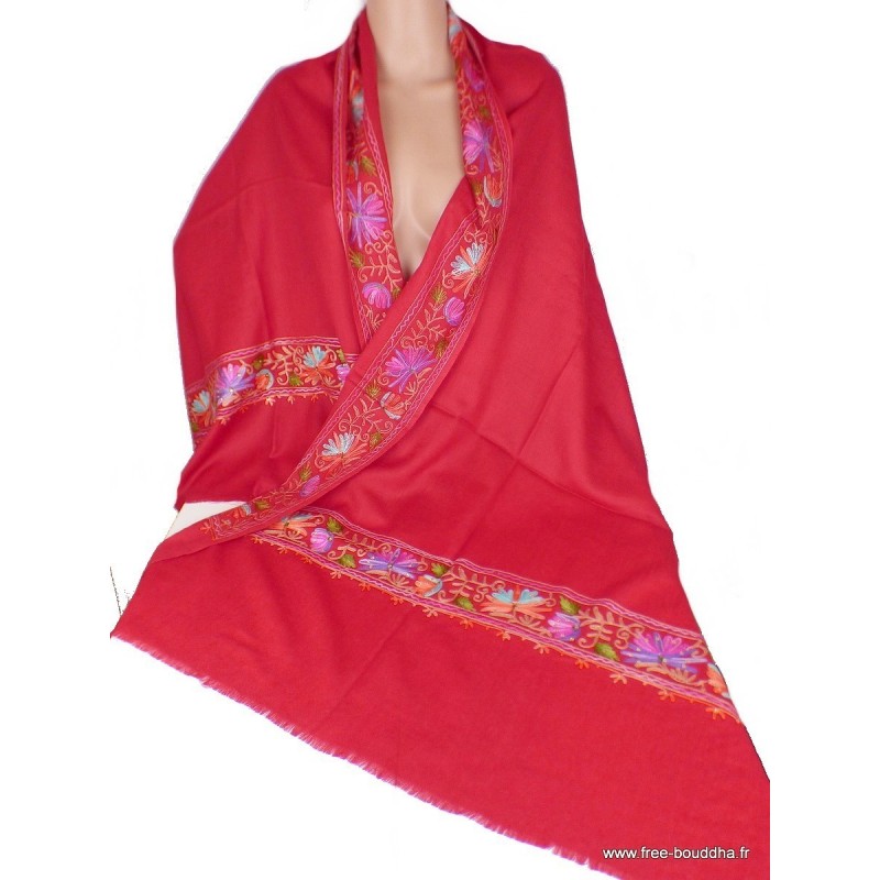 Châle femme laine rouge brodé fil et perles Pashminas laine et broderies CBP17